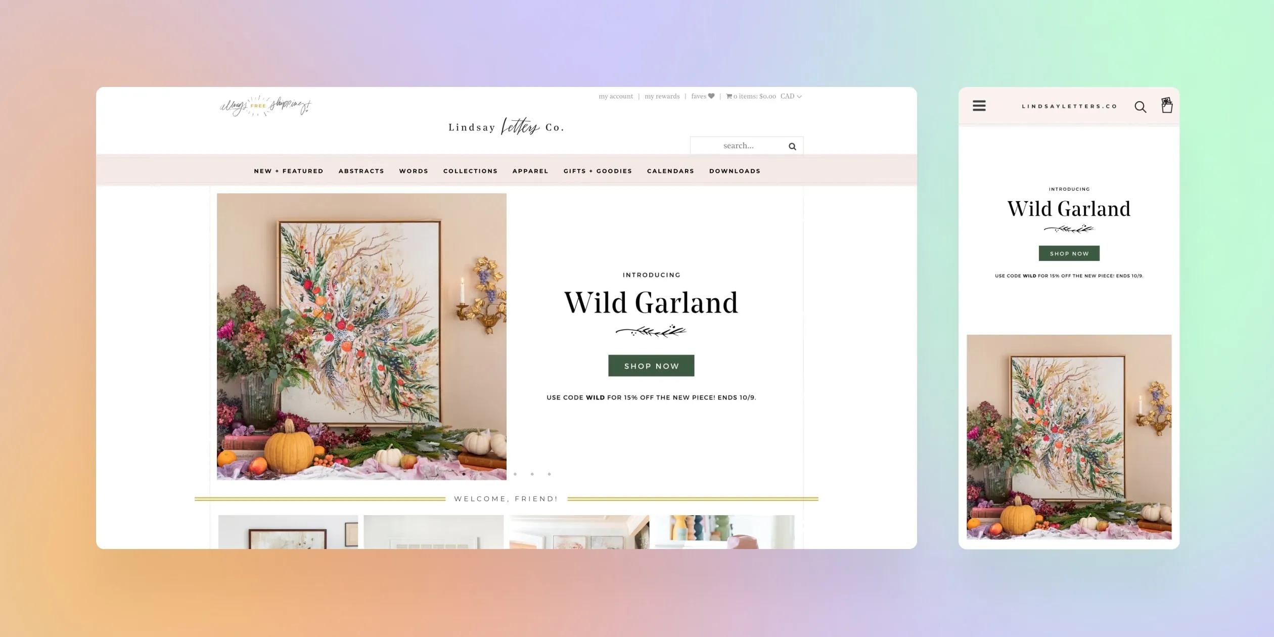 Desktop and mobile versions of an art website showing a painting and a CTA to shop now.
