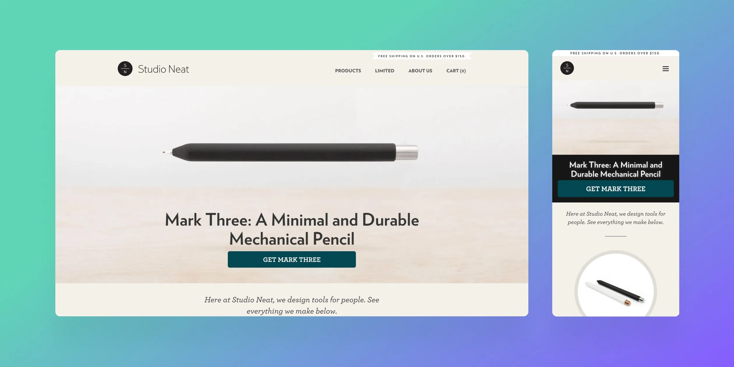 Desktop and mobile versions of a tools website showing a mechanical pencil with a CTA to buy it.