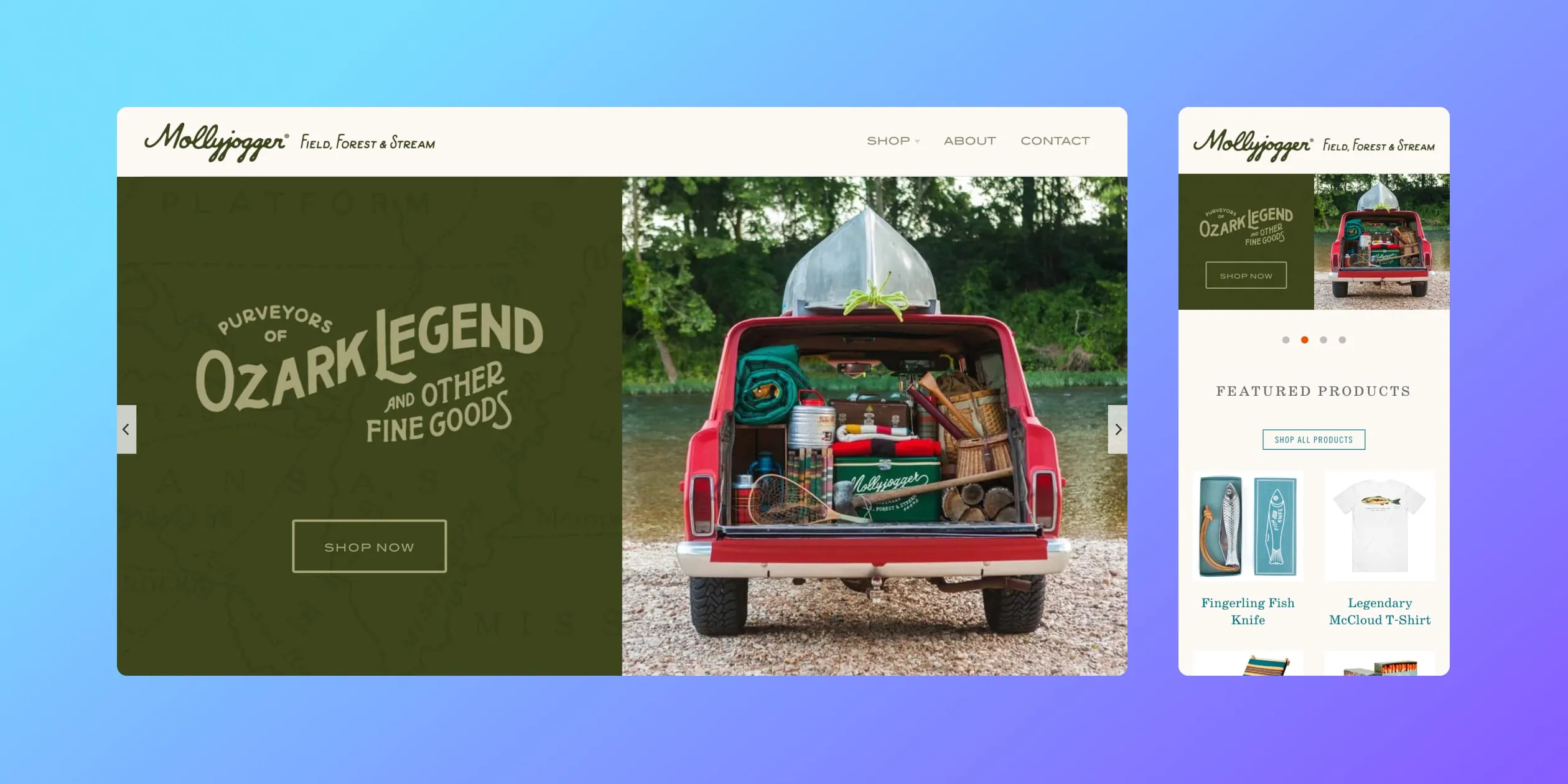 Mobile and desktop version of outdoor goods website with collapsed menu navigation in top left corner and cart in top right corner. Info banner is followed by logo and horizontal menu navigation. Hero carousel module with half-size text block and call to action button next to a half-width image.
