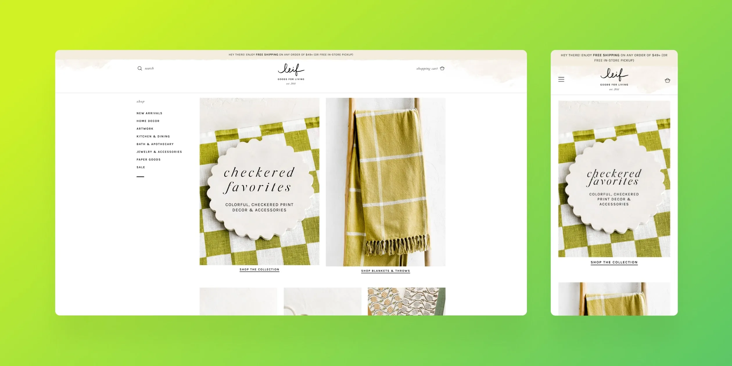 Desktop and mobile versions of a home goods and accessories website with two main calls to action to browse collections and a side bar navigation on desktop.